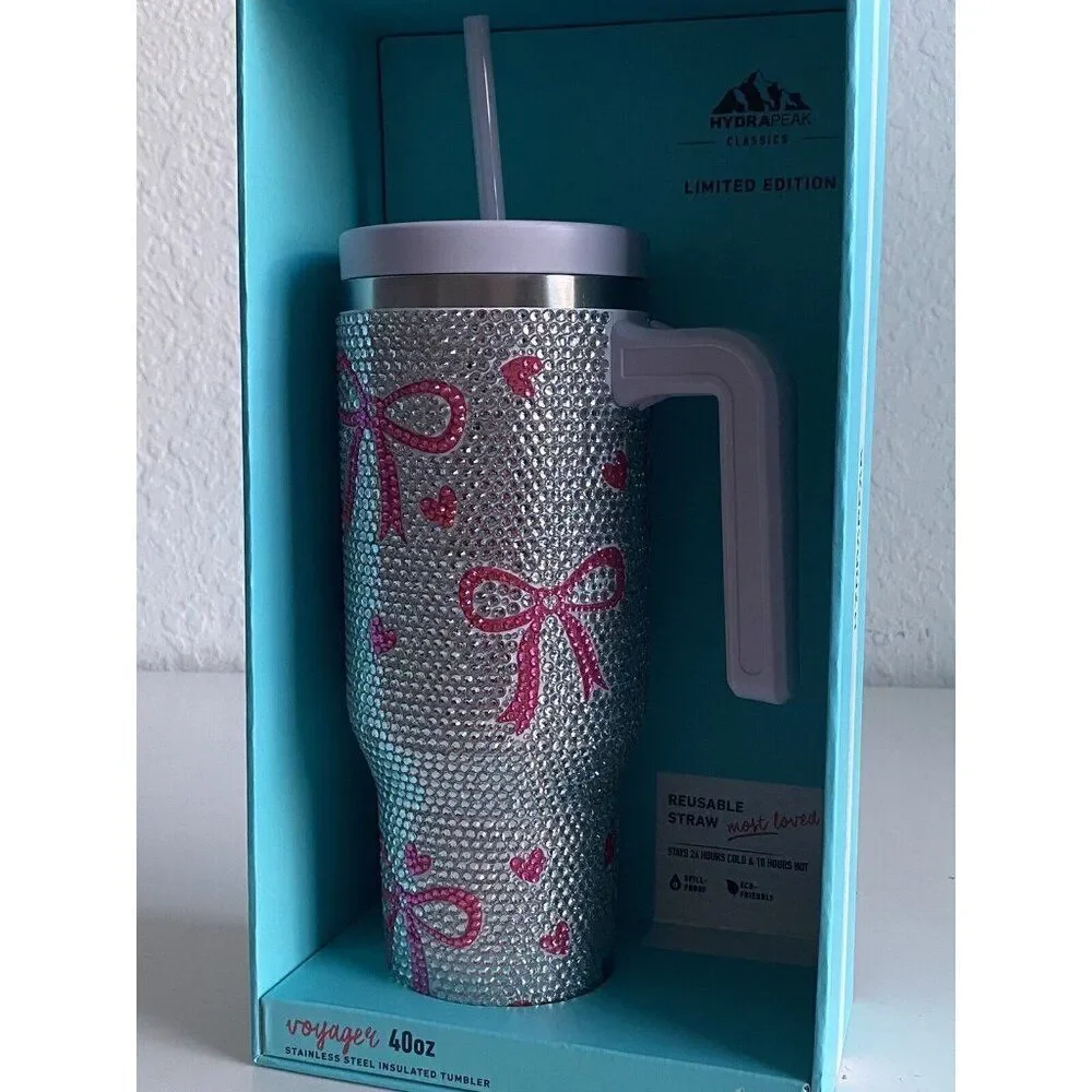 Hydrapeak LIMITED EDITION Voyager 40 oz Insulated Tumbler BLING Heart‎ Bows NEW